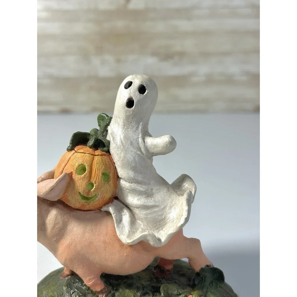 Pete Apsit Ghost Jack o’Lantern Pumpkin Riding Pig Halloween Figurine 1992 Vtg